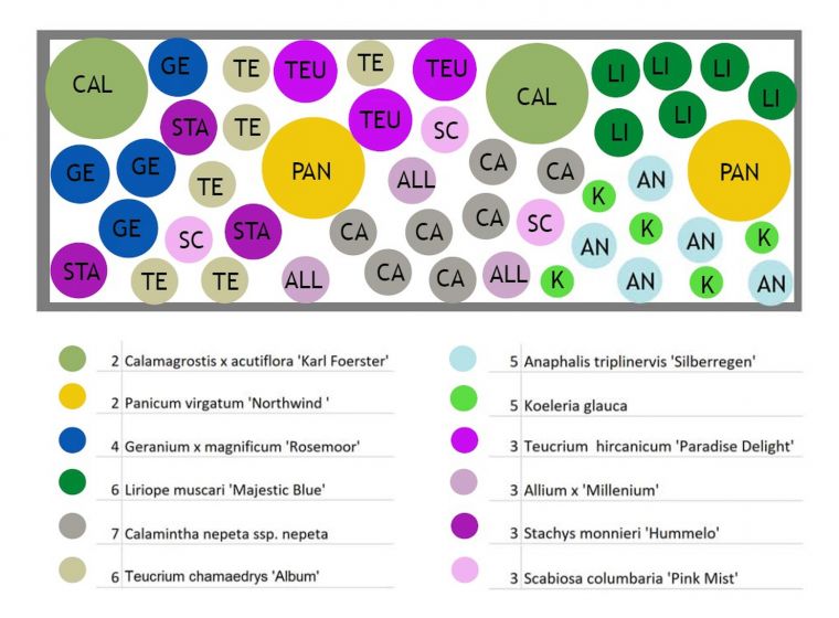 Pflanzplan für ein kleines Staudenbeet mit Legende zu den verwendeten Symbolen